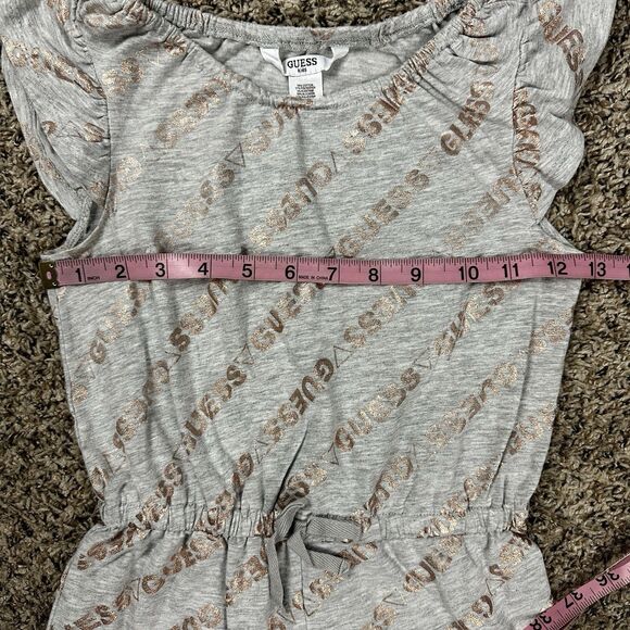 Guess Girls Size 6X Grey Romper Gold Print Sleeveless Ruffle Drawstring Waist - Picture 6 of 7